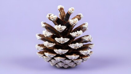 A frosty pine cone stands isolated on a soft lavender background with subtle shadows, captured from a front viewpoint.