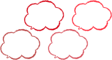 赤系のクレヨンで描いた吹き出しセット。雲の形をしたかわいい手描き風、少しずつ色が異なる。もこもこしている落書き風。