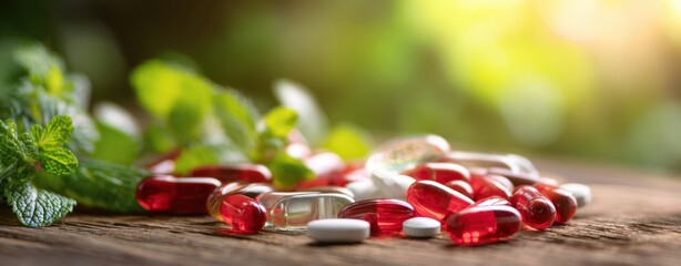 The Capsules and Tablets with Fresh Mint Leaves on Rustic Wooden Surface