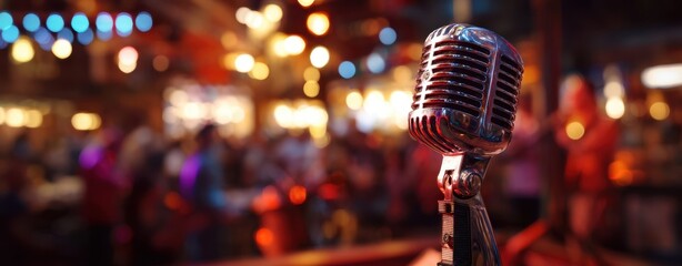 The Microphone on a Vintage Stage with Blurred Audience and Warm Bokeh Lights