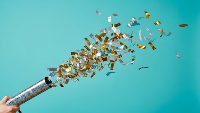 A hand holds a silver confetti popper releasing a burst of gold and silver metallic confetti against a vibrant teal background, symbolizing celebration and festivity.