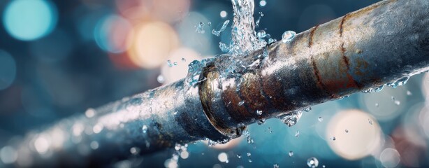 The Pipe Leaking Water with Splash Closeup Rusty Metal Leak Emergency Scene