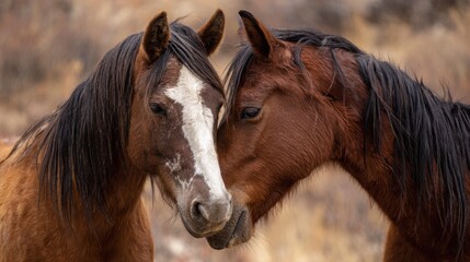 Two horses stand close together in a natural setting during daylight