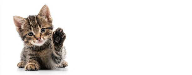 The tabby kitten lifting a paw on white background for studio portrait