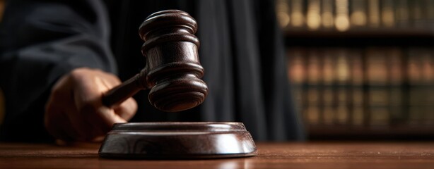 The Gavel Struck on a Wooden Sound Block in a Dimly Lit Courtroom