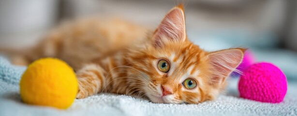 The orange kitten resting on blanket with colorful toy balls and soft focus