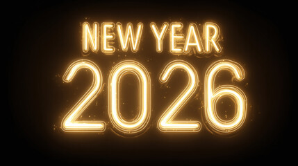 Bright neon sign displays New Year 2026. Sparkling lights create festive, celebratory mood. Dark background emphasizes glowing text.