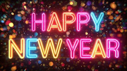 Bright neon text spells Happy New Year. Sparkling lights create festive, celebratory mood. Vivid colors dominate scene.