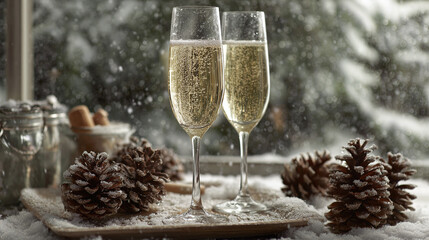 Celebrate Winter With Sparkling Wine and Pinecones in a Snowy Setting