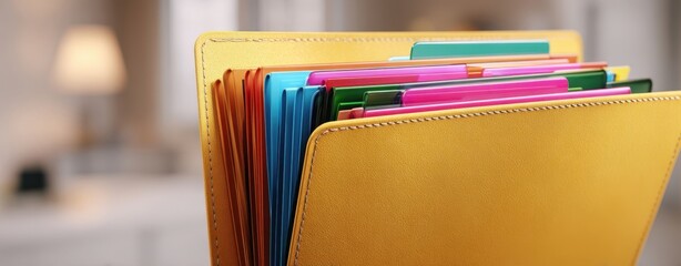 The file folder full of colorful tabbed documents on a leather office organizer