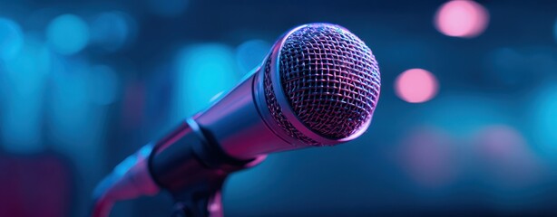 The Microphone on Stage Under Purple and Blue Spotlights Ready for Live Performance