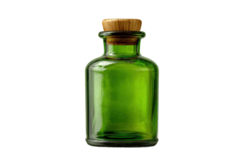 Green glass bottle with a wooden stopper on a light background