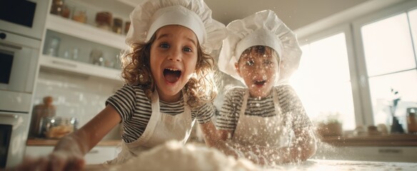 The Children Baking Together in a Sunlit Kitchen with Flour Everywhere