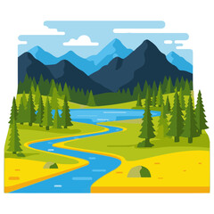 Vibrant flat illustration of a serene mountain landscape with a winding river, lush green trees, and a clear blue sky, evoking a sense of peaceful outdoor adventure and natural beauty