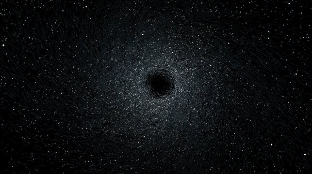 Visual representation of a black hole with swirling stars and space elements, exploring deep cosmic areas and celestial phenomena over time