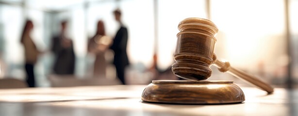 The Gavel on a Wooden Desk with Blurred Legal Team in Background