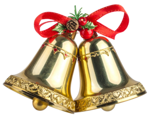 Festive golden bells adorned with red ribbon and holly
