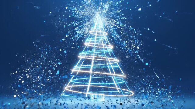 Abstract Christmas Tree - A digital illustration shows a Christmas tree constructed from glowing blue and white rings with an explosion of sparkling white light at its peak.