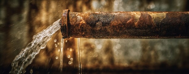 The Rusty Pipe Pouring Clear Water Against a Blurred Industrial Background