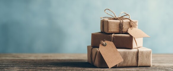 The gift boxes stacked with kraft wrapping and blank tags on a wooden table