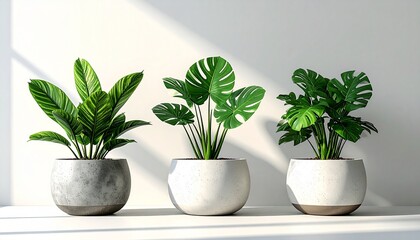 Three minimalist potted plants resting on a sunlit windowsill, bringing a serene and modern touch of nature indoors