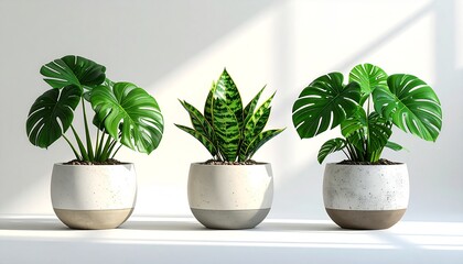 Fototapeta premium Three minimalist potted plants resting on a sunlit windowsill, bringing a serene and modern touch of nature indoors
