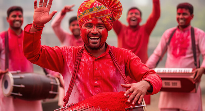 A vibrant group of Indian musicians covered in red Holi colors plays dhol and harmonium as the lead drummer lifts his hand in energetic celebration.