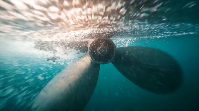 Underwater view of large boat propeller spinning beneath ocean surface with light ripples above