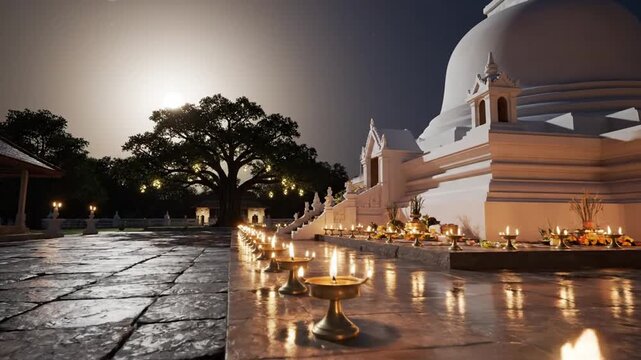 Poya Day Background With Night Temple Courtyard and Soft Candlelight Reflections