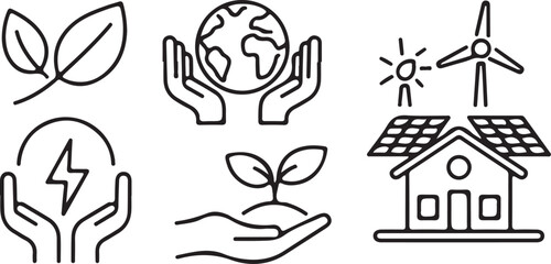 Eco-Friendly and Renewable Energy Icons Set for Sustainable Living.