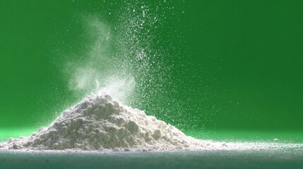 Powder falls from a mound on a green background during an experiment in a lab setting at daytime