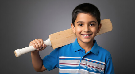 A young Indian boy in a blue striped polo shirt poses confidently with a wooden cricket bat resting on his shoulder