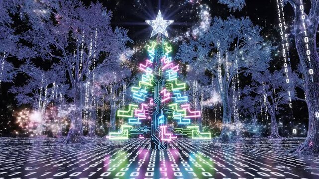 Digital Christmas Tree Forest - A digital Christmas scene featuring a Christmas tree formed by circuit boards, and surrounded by trees with binary code falling from their branches, stands on a