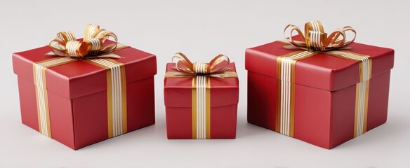 The red gift boxes with gold ribbon bows arranged on a white background