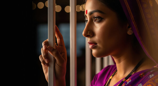 A young Indian woman in a purple sari stands by window bars in warm light, gently gripping the metal as she gazes outside.