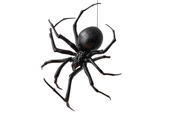 Large black spider hanging on a thin line from the ceiling with eight long legs in a simple indoor setting during daylight