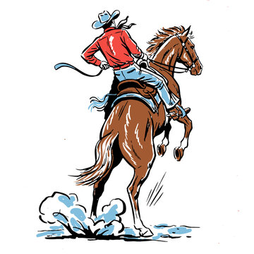 Cowboy on bucking horse vintage mascot illustration, wild west rodeo dynamic action, retro comic style, western horseback riding print design, rancher apparel