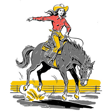 Cowgirl riding bucking bronco, vintage rodeo illustration, retro wild west pin up art, western apparel design, horse riding action graphic, comic book style, pop art, cowgirl sign, texas theme