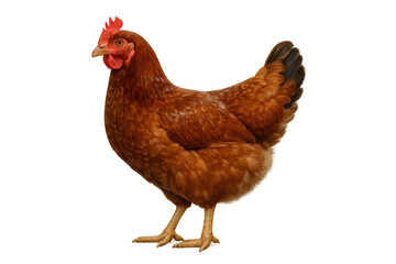 Brown hen standing side view with red comb and wattle, a domestic farm poultry bird with transparent background