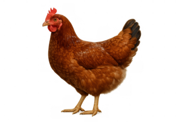 Brown hen standing side view with red comb and wattle, a domestic farm poultry bird with transparent background