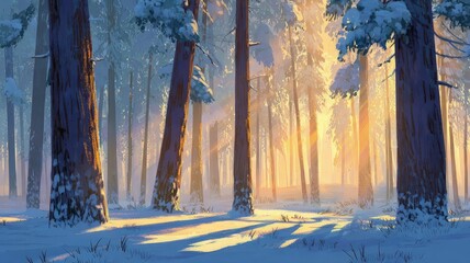 Artistic Winter Forest Illustration with Soft Snowfall