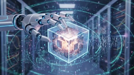 Robotic Hand Interacts with Futuristic Data Cube - Powered by Adobe