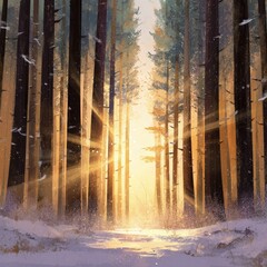 Sunlit Pine Forest with Dramatic Golden Light