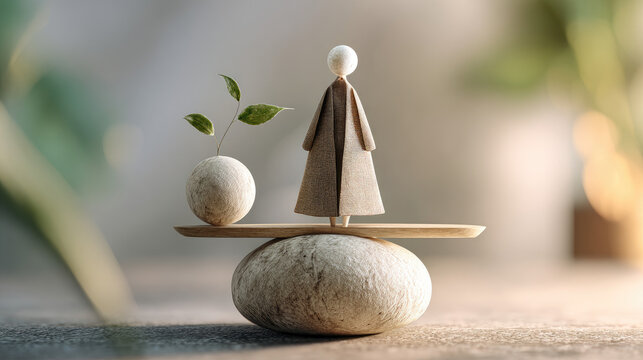 Balancing personal life and job struggling with priorities concept. A figurine symbolizing balance and harmony with nature.