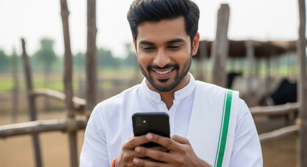 Young Indian farmer in a white kurta using a smartphone in his field