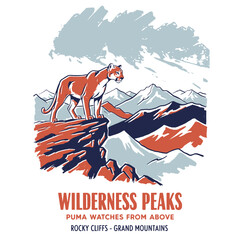 Puma illustration, vintage graphic t-shirt design, cougar on mountain peak, retro nature poster, wilderness peaks, big cat wild animal, rocky cliffs, grand mountains, screen print style © Irfan