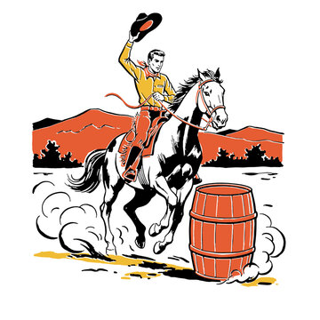 Rodeo cowboy on running horse barrel race illustration, vintage western design, retro vector art, wild west sportsman, classic comic style print
