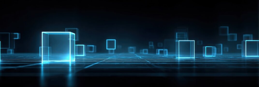 Abstract glowing blue cubes on a dark grid surface. - Powered by Adobe