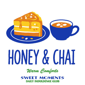 Honey Chai logo design, cake slice dessert illustration, warm comforts, sweet moments, daily indulgence club, bakery, cafe, vintage graphic, food vector