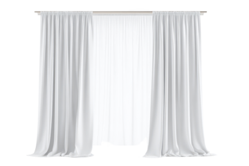 White curtains hang in a simple room with a light background allowing some sunlight to enter and provide natural light